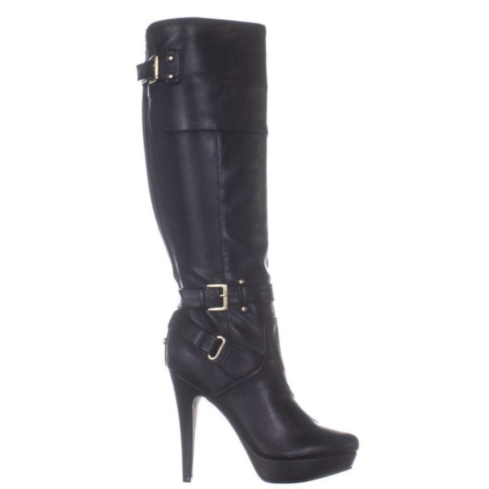 G By Guess Black Knee High Platform Stiletto Boots Buckles Women Size 10 Wayla